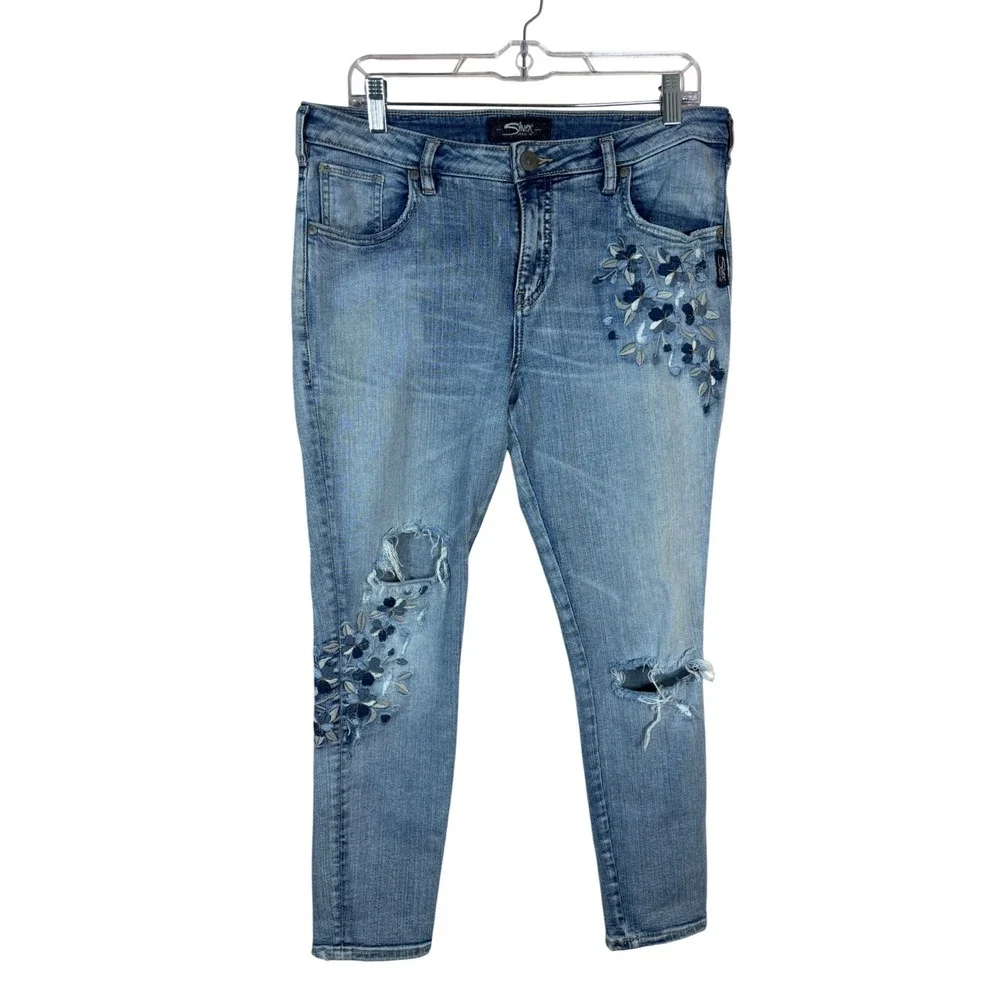 Silver Jeans Izzy Ankle Skinny Distressed Floral Embroidered Jeans Women W30 L27